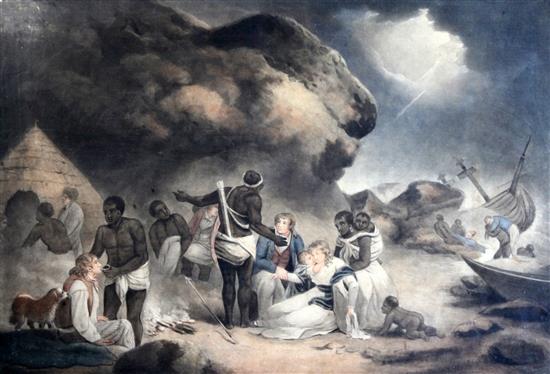 An early 19th century English coloured mezzotint of shipwrecked sailors on the African Coast, 44 x 65cm